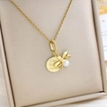 18K gold plated necklace with bee pendant and You Light My Life engraved disc - Bee And Round Tag Design (XL1822)