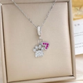 Silver tone necklace with cubic zirconia paw print and pink heart charms in velvet box - Silver Heart Paw Print Style (XL2147)