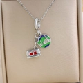 Silver stainless steel necklace with green earth and red tram enamel charms - City Train Style (XL1856) / Silver