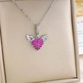 Elegant 18K gold plated necklace with pink zircon heart and silver angel wings - Angel Wings Heart Style (XL2323)