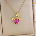 Golden wing necklace with a heart-shaped pendant encrusted in vibrant ruby pink crystals - Angel Heart Style (XL2323) / Gold