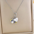 Titanium steel necklace with a colorful enamel bee, white pearl, and engraved heart pendant - Bee Heart Style (XL2500) / Silver