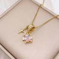 Elegant gold necklace with pink rectangular zircon and sparkling star pendant decoration - Star Square Combination (XL3229) / Gold