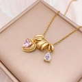Elegant gold necklace with pink heart zircon and teardrop crystal on velvet box - Heart Water Drop Combination (XL4319) / Gold