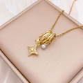 Elegant gold necklace with sparkling zircon rings, star charm and a white pearl detail - Star Combination (XL4455) / Gold