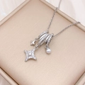 Silver multi-pendant necklace with zircon star charm and white faux pearl detail - Star Combination (XL4455) / Silver