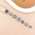 Elegant multi-colored square gemstone necklace with silver floral charms and waterdrop pendant - Four-Petal Flower Square Necklace Silver (XL5087)
