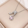 Elegant silver necklace featuring a pink rectangular zircon pendant in a premium gift box - Star Square Combination (XL5011) / Silver