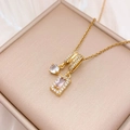 Elegant gold necklace with rectangular pink zircon and round white stone in luxury box - Square Geometric (XL5105) / Gold