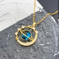 Collier lune et planète en acier titane avec perle bleue et zirconiums incrustés - Grandes Étoiles Orbitant Planète (XL1165) / Or