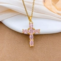Cross necklace with gold chain and six oval pink zircon stones in claw settings - Large Pink Zirconia Cross Style (XL3115) / Gold
