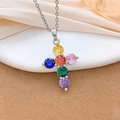 Silver necklace featuring a cross pendant with six colorful round-cut zircon stones - Colorful Zirconia Cross Style (XL3376) / Silver