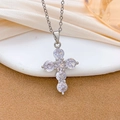 Silver cross pendant necklace featuring six round cut zircon stones on a link chain - Round Zirconia Combo Cross Style (XL3376) / Silver