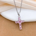 Silver-tone cross pendant necklace featuring five faceted pink zircon gemstones - Small Pink Zirconia Cross Style (XL5048) / Silver