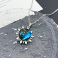 Starry sky pendant necklace in silver with deep blue nebula glass and crystal halo - Sun Planet (XL225) / Silver