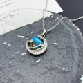 Deep blue starry galaxy moon pendant necklace with crystals in silver finish - Round Planet (XL375) / Silver