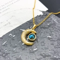 Golden crescent moon necklace with sparkling zircons and a starry blue stone pendant - Moon Planet Style-Gold (XL173)