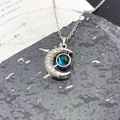 Silver crescent moon necklace with star planet pendant and sparkling zircon stones - Moon Planet Style-Silver (XL173)