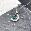 Star and moon necklace with blue celestial bead and pavé zircon set in silver finish - Cross Star Moon Planet Style-Silver (XL231)