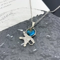 Silver astronaut pendant necklace with blue galaxy helmet and white micro-pave stones - Astronaut Planet (XL1776) / Silver