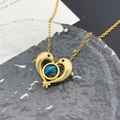 Golden titanium steel necklace with blue gem in double dolphin heart pendant - Double Dolphin Planet (XL2071) / Gold