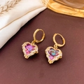 Golden heart earrings with purple gemstone and white diamonds in hoop style - Earrings / Colorful - Gold