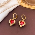 Elegant gold heart earrings with red crystal and white zircon border detail - Earrings / Red-Gold