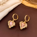 Vintage gold hoop earrings featuring pink heart crystals and sparkling white accents - Earrings / Pink-Gold