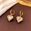 Elegant gold heart earrings with crystal center and halo diamonds on silk background - Earrings / White-Gold