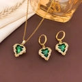 Elegant gold heart jewelry set with deep green crystals and shimmering zircon stones - Necklace and Earrings Set / Emerald Green - Gold