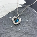 Blue star-filled round gem heart pendant necklace in polished silver titanium steel - Heart Planet (XL3469) / Silver