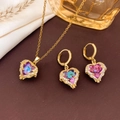 Golden heart necklace and earrings set with vibrant gradient gemstones and small crystals - Necklace and Earrings Set / Colorful - Gold