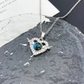 Silver wing heart necklace with blue starry gem and white zircon pave setting - Heart Wings Planet (XL3528) / Silver