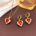 Golden heart necklace and earrings set with red rubies and white cubic zirconia - Necklace and Earrings Set / Red-Gold