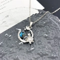 Collar de luna plateado con cuenta azul estrellada y detalles florales de circonita - Estilo Flor Planeta-Plateado (XL3989)