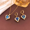 Luxurious gold heart necklace and earring set with deep blue gradient crystals - Necklace and Earrings Set / Blue - Gold