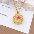 Rotating sunflower pendant necklace in gold finish with white opal petals and pink rhinestones - Gold Rose Red (XL657)