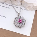 Rotating sunflower pendant necklace in silver with pink and grey crystals on a fine chain - Silver Rose Red (XL657)