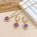 Elegantes Gold-Schmuckset mit herzförmigem lila Zirkon-Anhänger und passenden Ohrringen - Halskette Und Ohrringe Set (XL727) / Gold / Lila