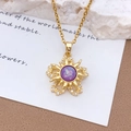 Rotating golden sunflower pendant necklace with purple opal stone and white zircon accents - Gold Purple (XL1341)