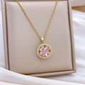 Gold rotating four-petal flower necklace with pink heart crystals and small diamonds - Pink Petals (XL326 Gold)