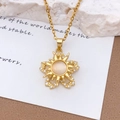 Rotating sunflower pendant necklace in golden finish with opal center and white zircons - Gold (XL1341)