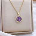 Gold rotating four-petal flower necklace with purple heart gems and diamond-set circle - Purple Petals (XL326 Gold)