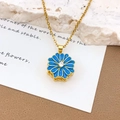 Golden spinning daisy pendant necklace with blue enamel petals and zircon center - Blue Rotating Daisy (XL1832) / Gold