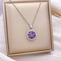 Collier trèfle à quatre feuilles violet rotatif avec halo de zircon et fini argenté - Pétales violets (XL326 Argent)