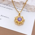 Golden sunburst necklace featuring a purple opal stone and white zircon detail - Gold Purple (XL2381)