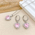 Schmuckset mit rosa herzförmigem Zirkon, Halskette und Ohrringen in Silberoptik - Halskette Und Ohrringe Set (XL727) / Silber / Rosa
