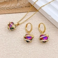 Golden heart jewelry set with iridescent stones and pavé crystals for women - Necklace and Earring Set / Gold / Iridescent