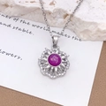 Rotating silver sunflower necklace with a vibrant purple opal stone and crystal petals - Silver Purple (XL2381)