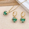Golden heart jewelry set with green crystals including a necklace and leverback earrings - Necklace and Earring Set / Gold / Green
